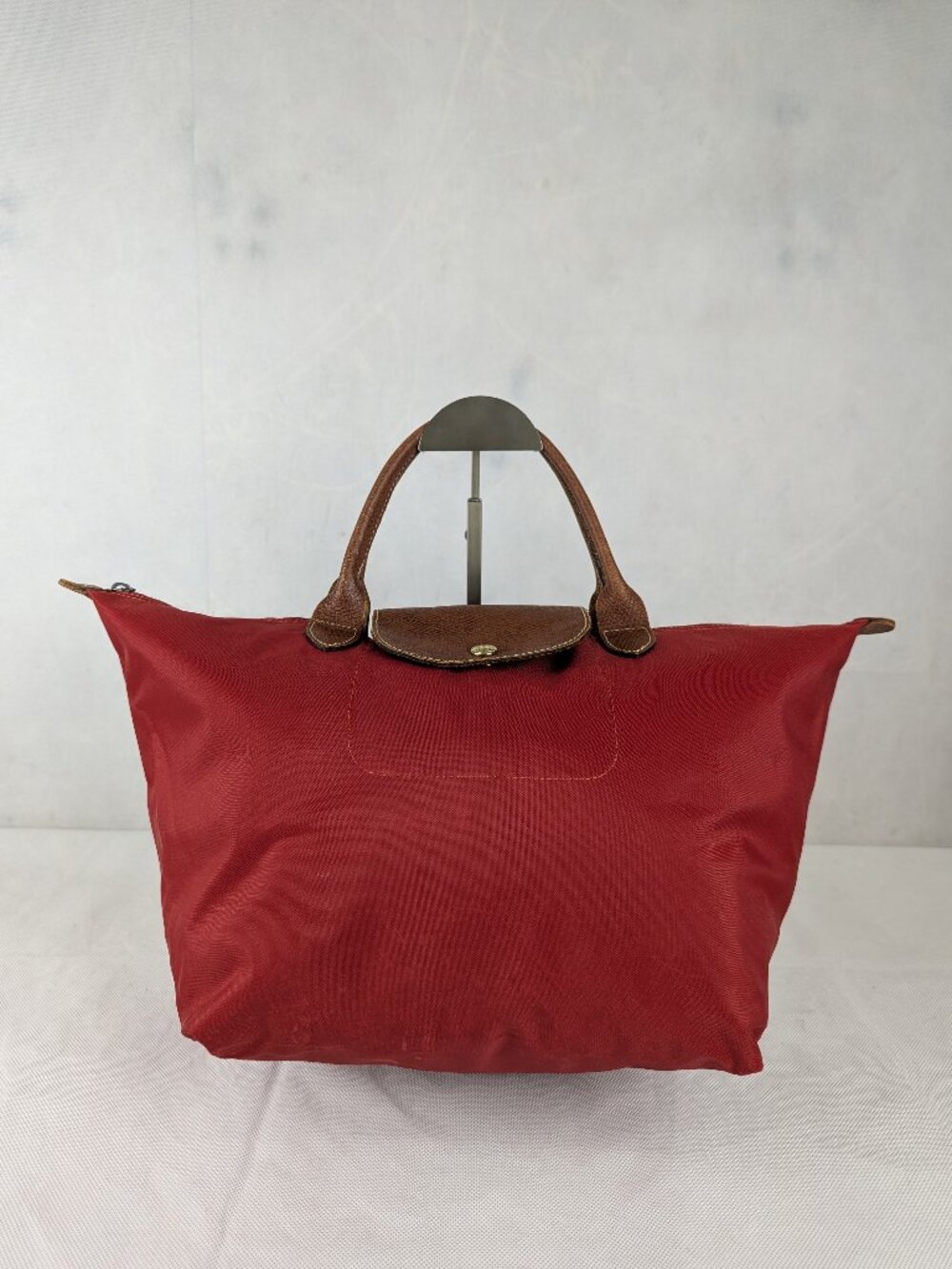 Pre-Owned Longchamp Le Pliage Authentic Nylon Leather Tote Bag Red Made in China - Picture 1 of 15